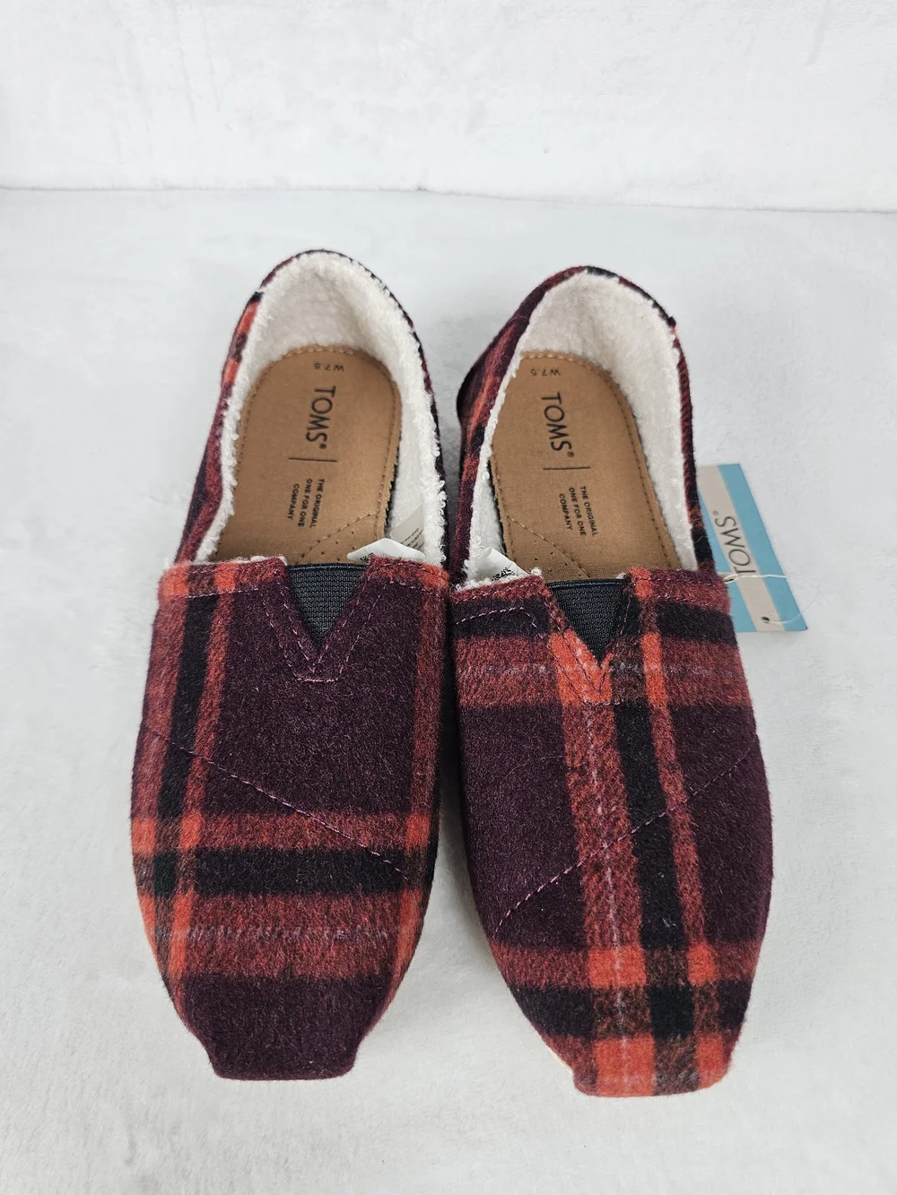 TOMS Alpargata Flat Wool Red Plaid Women's 7.5 Faux Fur Slip On Shoes Boho Cute